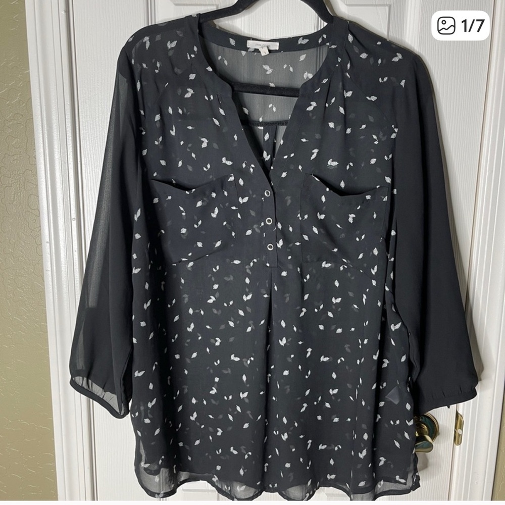 Maurices Black Sheer Blouse with White Leaf pattern